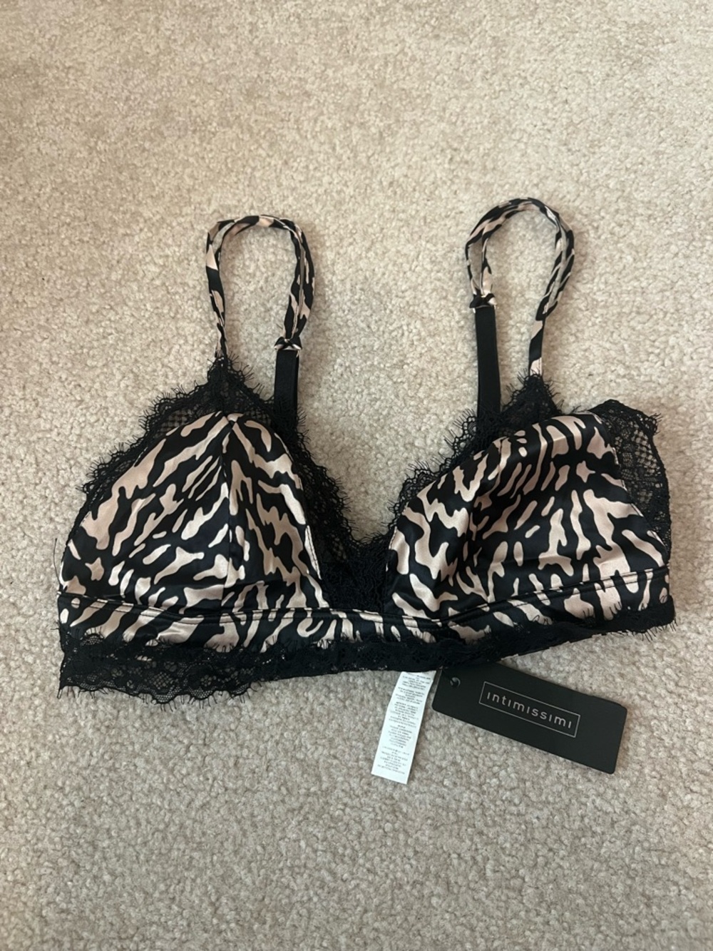 intimissimi Black and Nude Satin Animal-Print Lace Bralette
